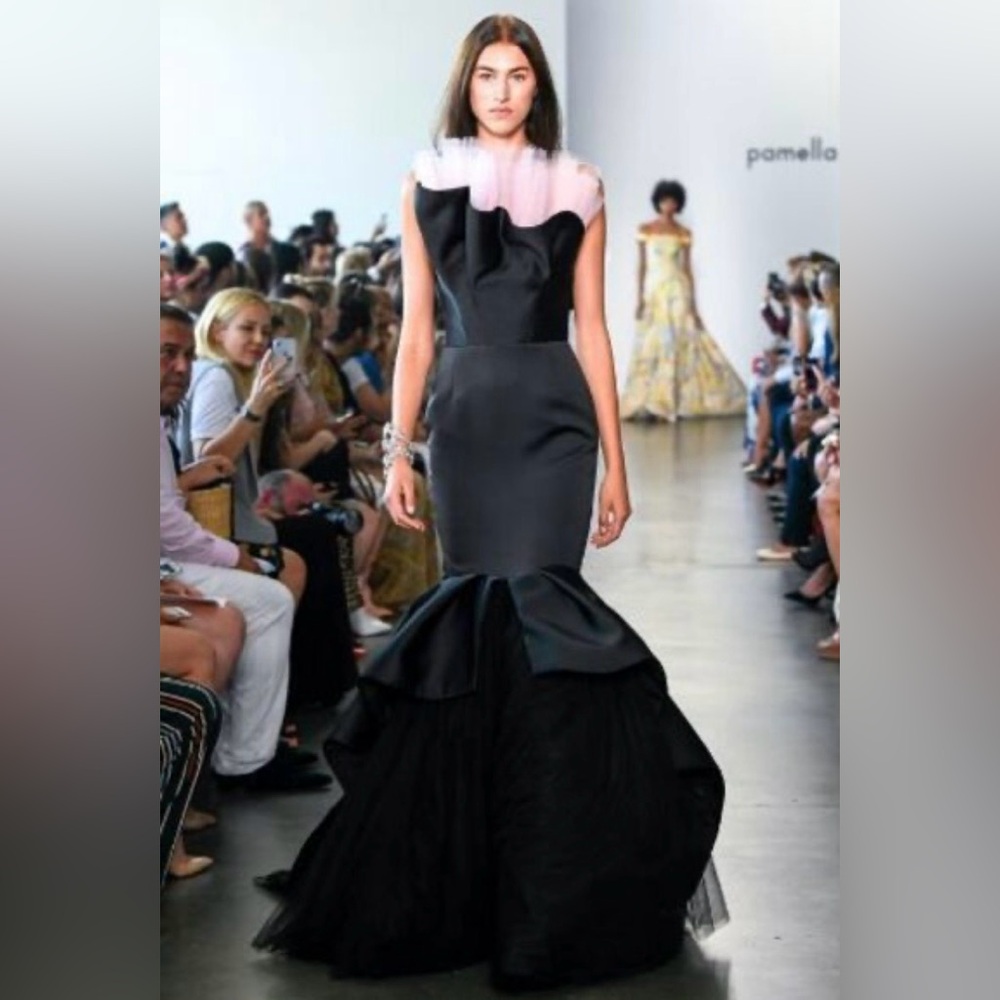 Pamella Roland Womens Mermaid Dress Full Length Gown Satin Tulle sz 6 Black Pink